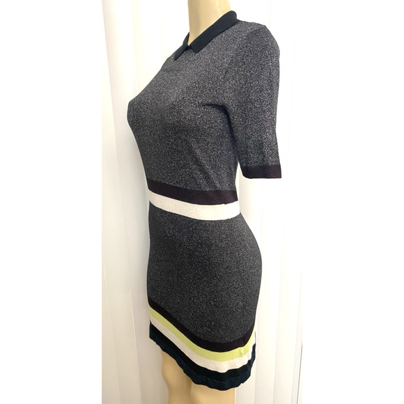 TED BAKER Dress Knit Metallic Silver Short Sleeve Striped Collared Shimmer 0 XS - Picture 4 of 8